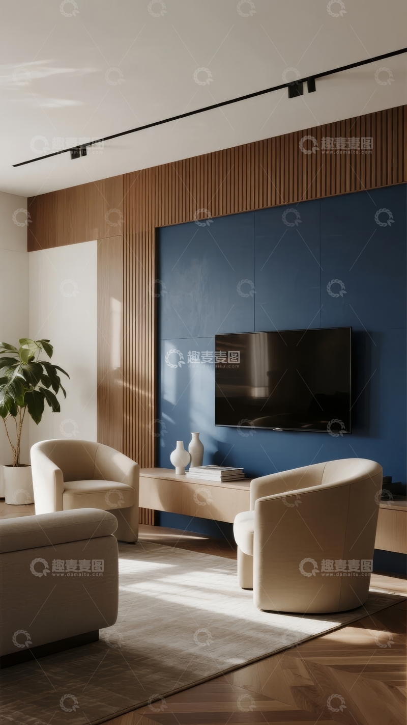 高清大图下载【趣麦麦图】现代客厅蓝色墙面搭配木质装饰与简约家具