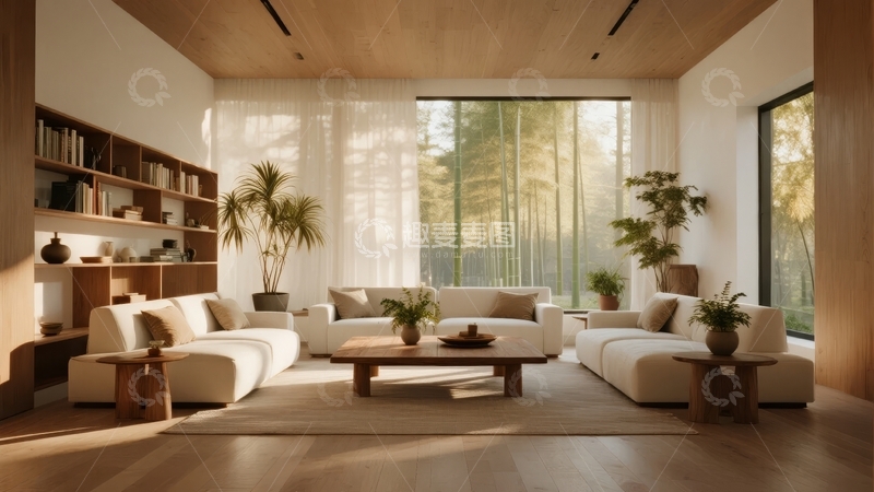 高清大图下载【趣麦麦图】现代简约风格客厅室内设计阳光透过竹林景观窗