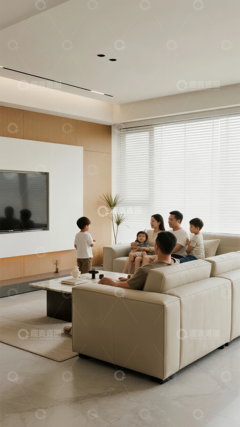 高清大图下载【趣麦麦图】现代客厅中一家六口温馨互动