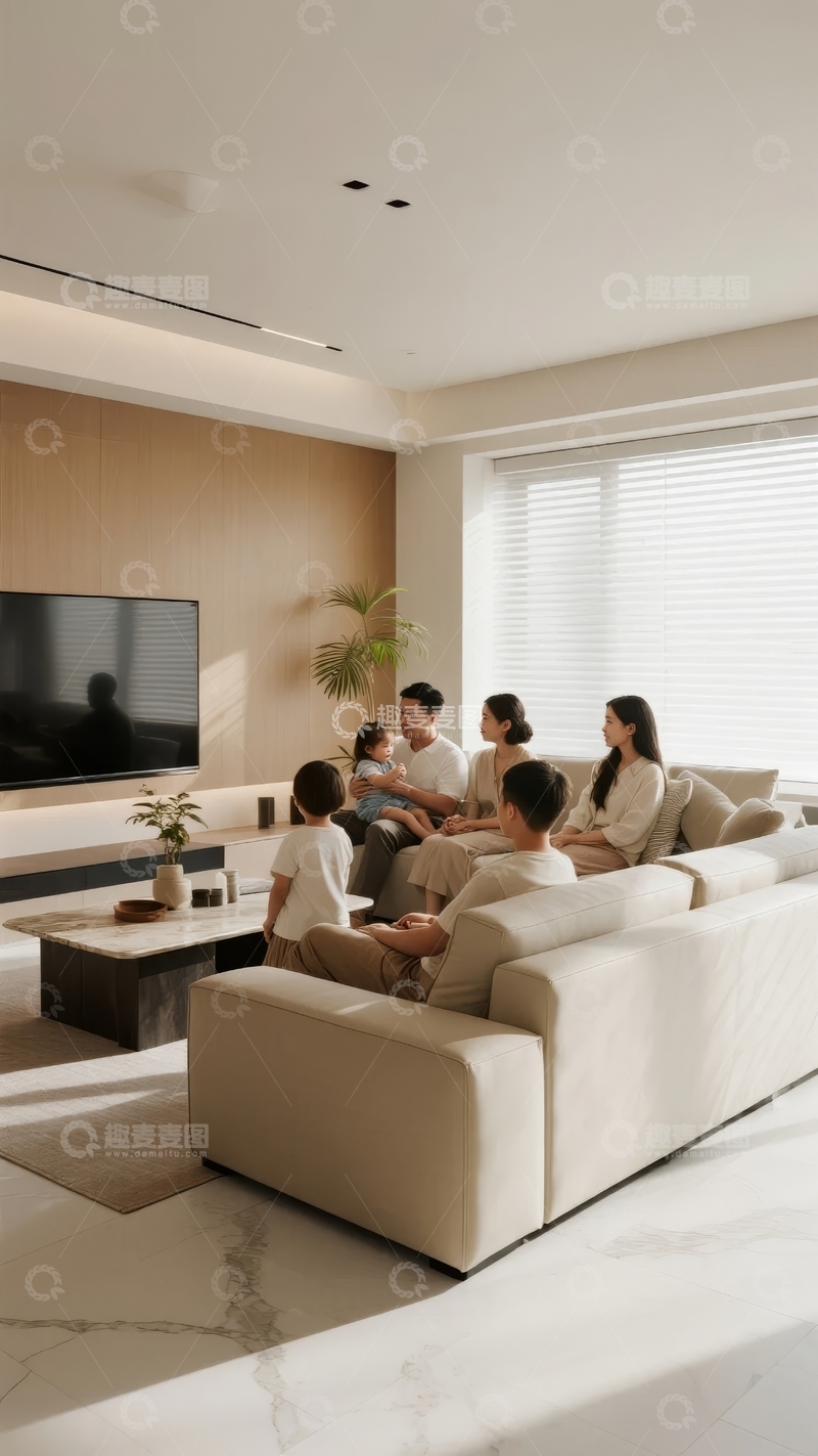 高清大图下载【趣麦麦图】现代客厅中一家六口温馨团聚