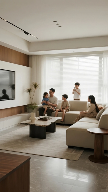 现代客厅中一家五口温馨互动