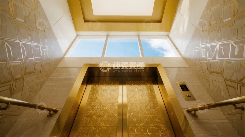 高清大图下载【趣麦麦图】现代建筑内部金色电梯门与几何墙面设计