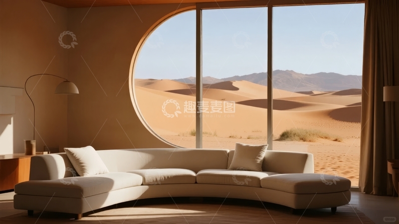 高清大图下载【趣麦麦图】现代客厅内望向沙漠景观的圆形大窗户