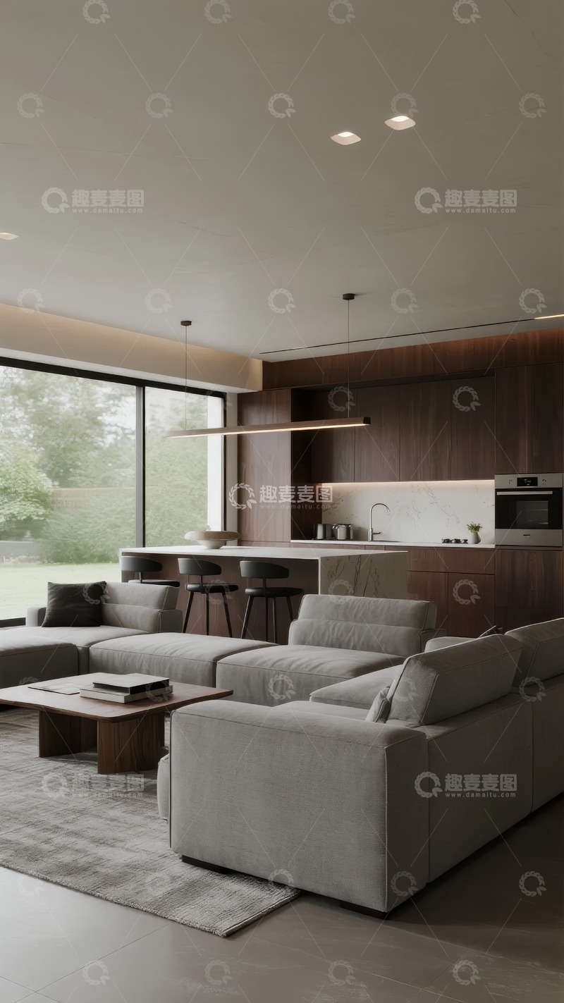 高清大图下载【趣麦麦图】现代简约风格客厅与开放式厨房空间