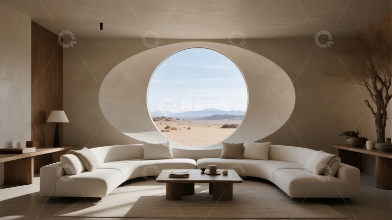 高清大图下载【趣麦麦图】现代简约风格客厅透过圆形大窗欣赏沙漠景观