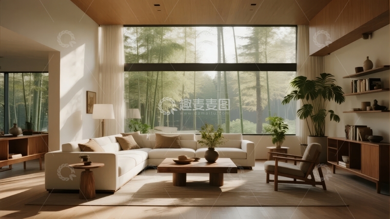 高清大图下载【趣麦麦图】现代客厅内景透过大窗可见竹林景观