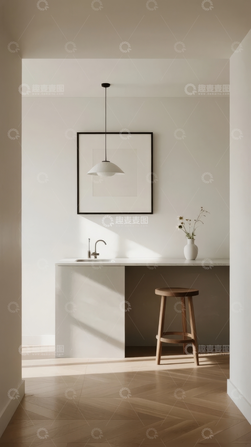 高清大图下载【趣麦麦图】简约现代厨房角落设计配有木质地板和白色台面