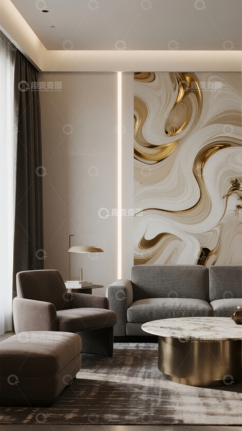 高清大图下载【趣麦麦图】现代客厅墙面艺术装饰与简约家具布置