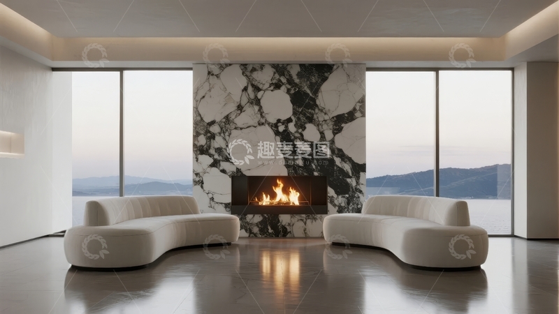 高清大图下载【趣麦麦图】现代客厅内设大理石壁炉与弧形沙发