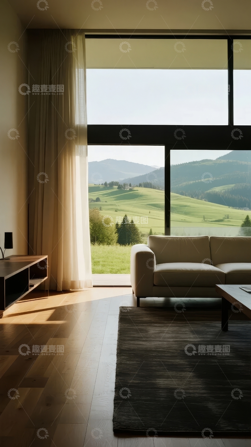 高清大图下载【趣麦麦图】现代客厅落地窗景观田园风光