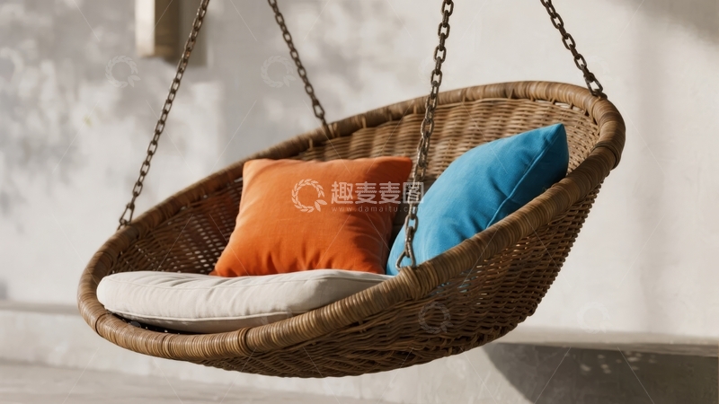 高清大图下载【趣麦麦图】悬挂式藤编摇椅配彩色靠垫