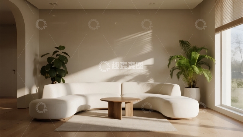 高清大图下载【趣麦麦图】现代简约风格客厅阳光透过窗户洒在白色沙发和植物上