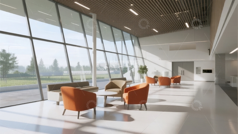 高清大图下载【趣麦麦图】现代宽敞明亮的室内休息区设有橙色座椅和大面积玻璃窗