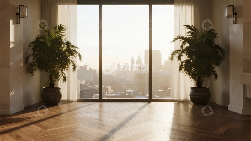 高清大图下载【趣麦麦图】室内落地窗前摆放绿植俯瞰城市景观