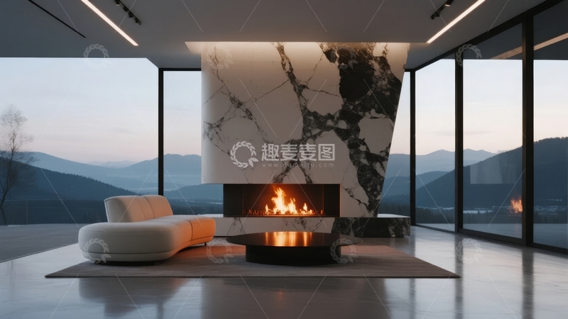 高清大图下载【趣麦麦图】现代客厅内壁炉旁的沙发与窗外山脉景观