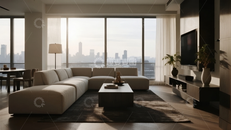高清大图下载【趣麦麦图】现代客厅全景落地窗城市景观