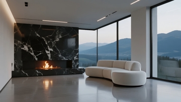 现代客厅内黑色大理石壁炉与山景窗景