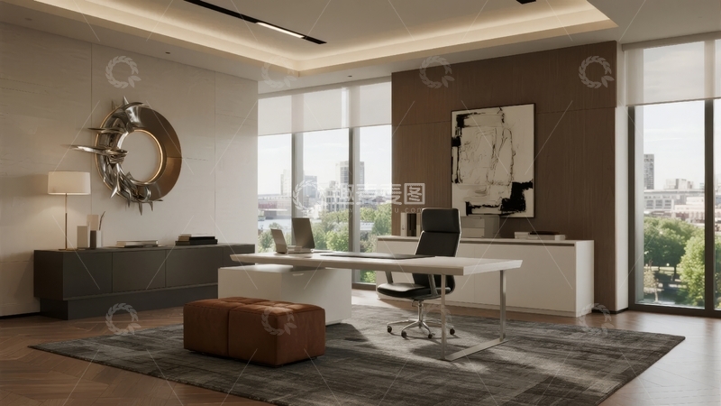 高清大图下载【趣麦麦图】现代简约风格办公室设计配备宽敞落地窗和艺术装饰