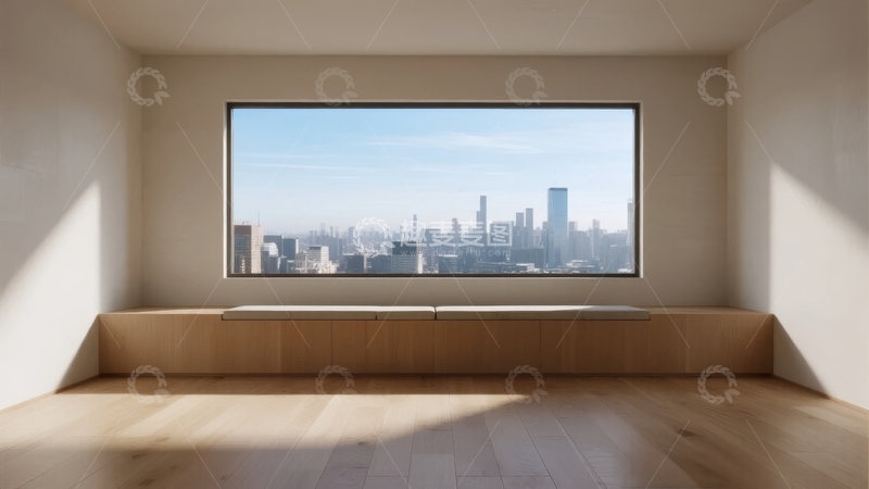 高清大图下载【趣麦麦图】简约室内空间透过大窗欣赏城市天际线景观