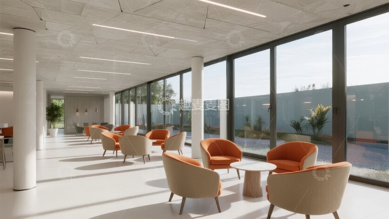 高清大图下载【趣麦麦图】现代办公室休息区宽敞明亮设有橙色座椅