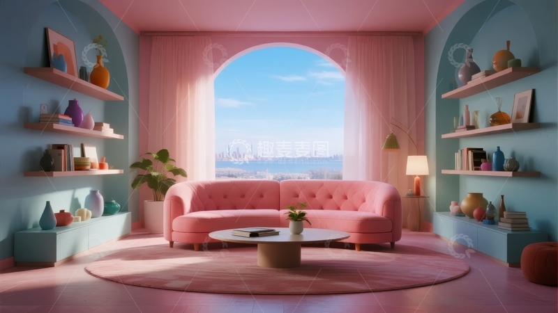 高清大图下载【趣麦麦图】粉色主题客厅配有拱形窗户和城市景观