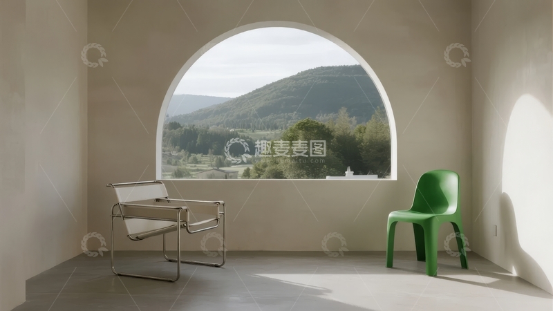 高清大图下载【趣麦麦图】室内窗边摆放着一把白色椅子和一把绿色椅子