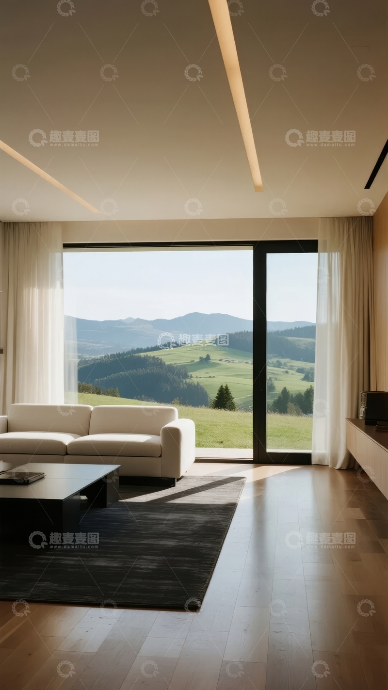 高清大图下载【趣麦麦图】现代客厅落地窗外山景视野开阔