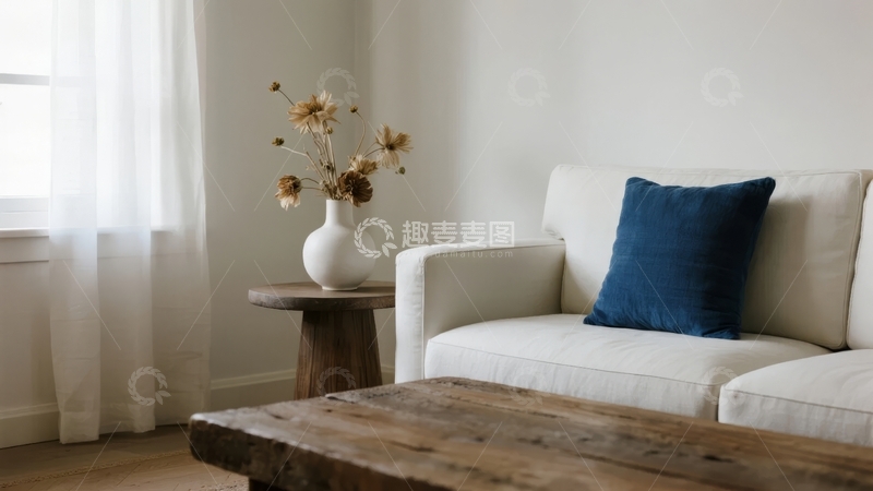 高清大图下载【趣麦麦图】简约客厅一角摆放着白色沙发和木质茶几