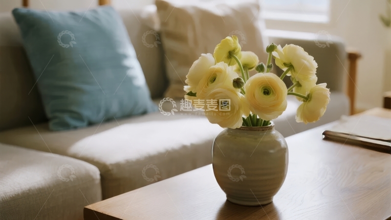 高清大图下载【趣麦麦图】客厅沙发上摆放着蓝色靠垫和黄色花朵的温馨场景