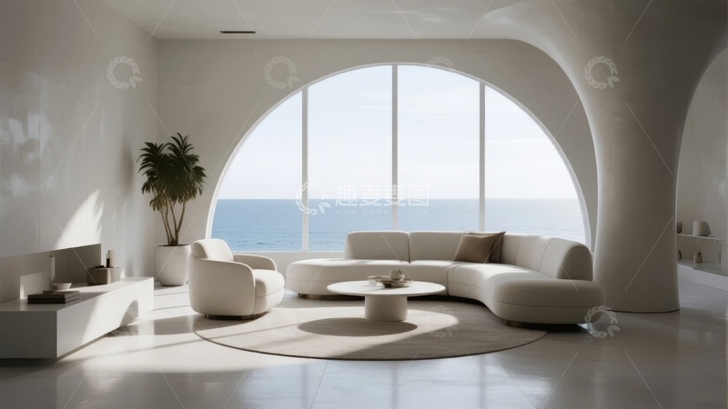 高清大图下载【趣麦麦图】现代简约客厅拥有弧形大窗可欣赏海景