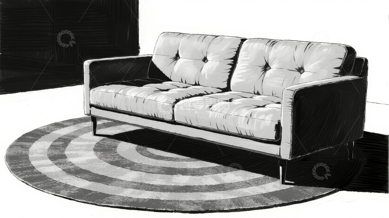 黑白照片中展示的带有圆形地毯的现代风格双人沙发