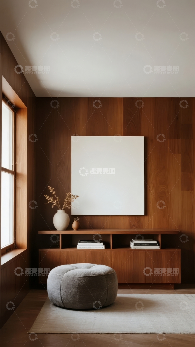 高清大图下载【趣麦麦图】简约木质墙面客厅配白色画框与舒适坐垫