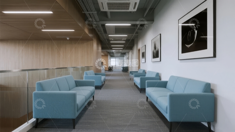 高清大图下载【趣麦麦图】现代办公走廊两侧摆放蓝色沙发