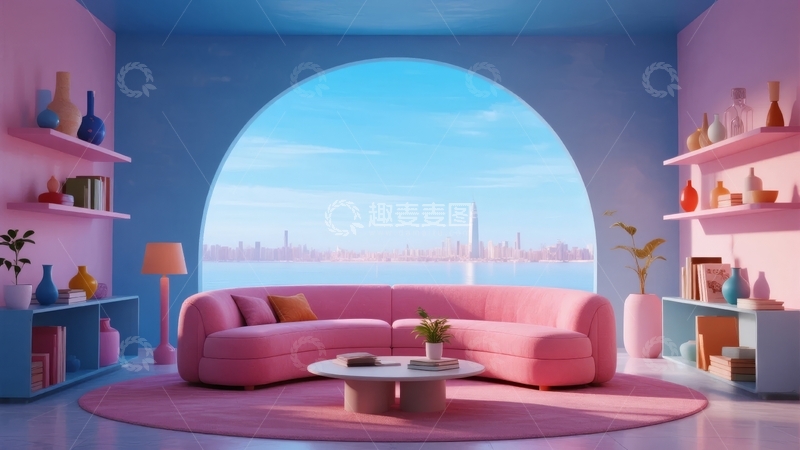 高清大图下载【趣麦麦图】现代粉色客厅拥有圆形大窗和城市景观