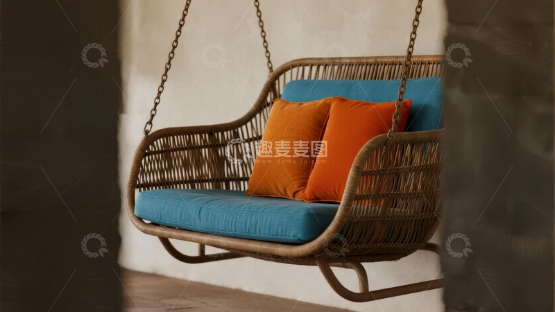 高清大图下载【趣麦麦图】悬挂式藤编摇椅配蓝色坐垫和橙色靠枕