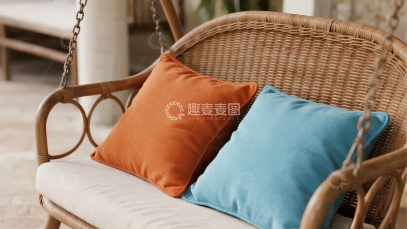 高清大图下载【趣麦麦图】户外藤编摇椅配橙蓝靠垫