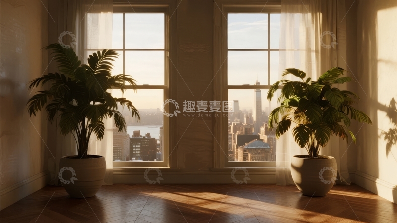 高清大图下载【趣麦麦图】室内窗边绿植与城市景观的宁静午后