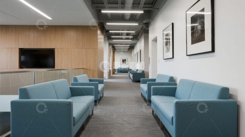 高清大图下载【趣麦麦图】现代办公室走廊两侧摆放蓝色沙发