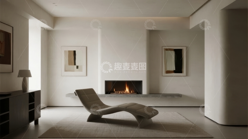 高清大图下载【趣麦麦图】现代简约风格客厅内设壁炉与躺椅