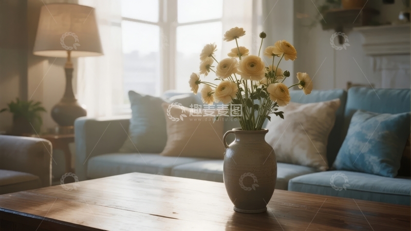 高清大图下载【趣麦麦图】室内摆放着插有黄色花朵的花瓶和蓝色沙发