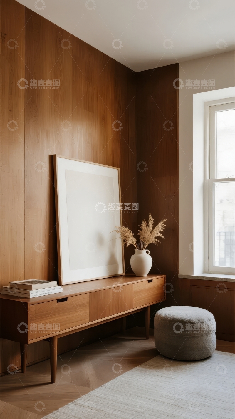 高清大图下载【趣麦麦图】-木质墙面房间内简约家具与装饰画