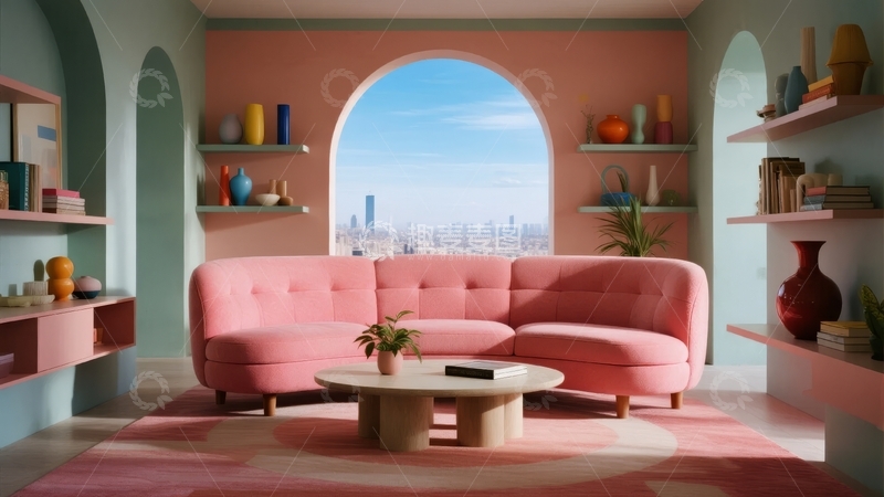高清大图下载【趣麦麦图】粉色沙发客厅现代简约风格室内设计