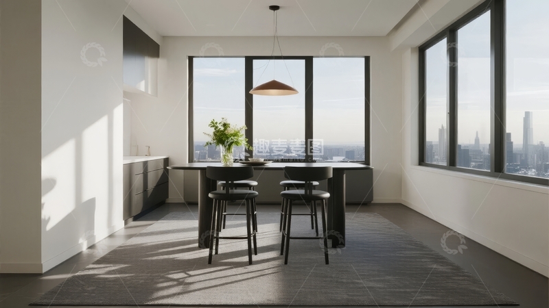 高清大图下载【趣麦麦图】现代简约风格的室内空间配备大窗户和城市景观