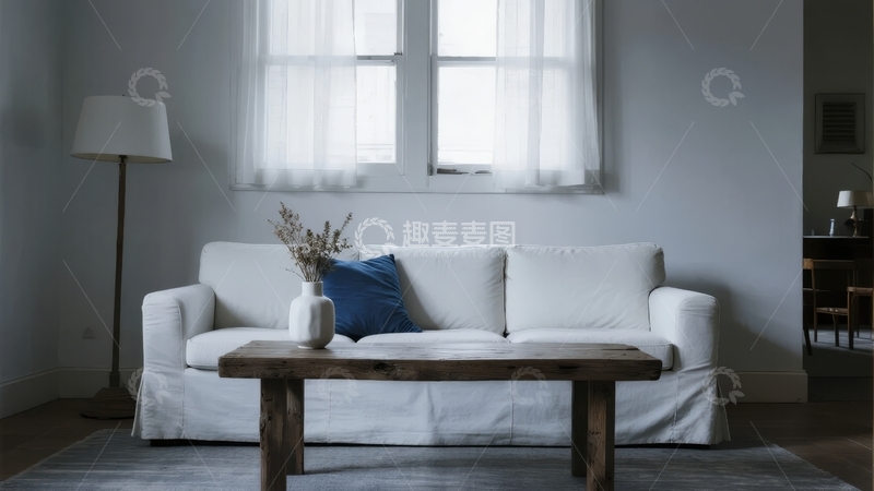 高清大图下载【趣麦麦图】简约风格客厅内白色沙发与木质茶几
