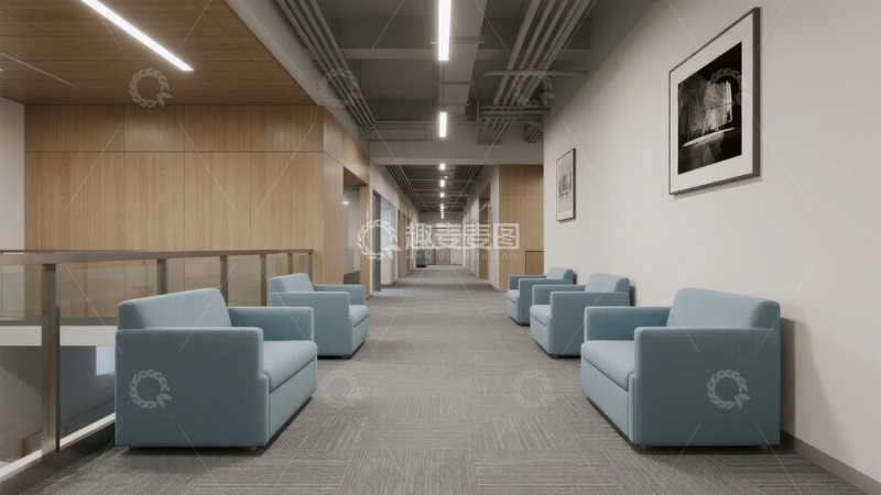 高清大图下载【趣麦麦图】现代办公楼走廊两侧排列着蓝色沙发