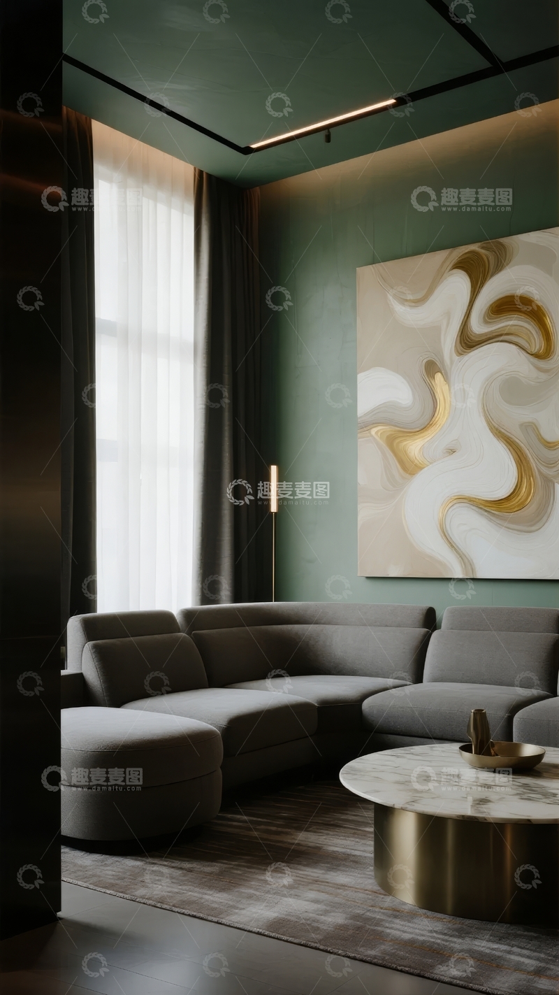 高清大图下载【趣麦麦图】现代简约风格客厅装饰以抽象艺术画和柔和灯光