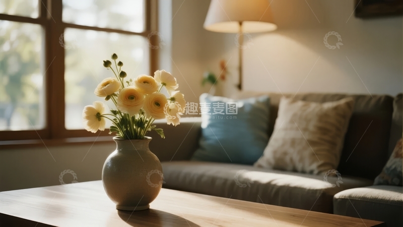 高清大图下载【趣麦麦图】室内窗边摆放着花瓶和沙发的温馨场景