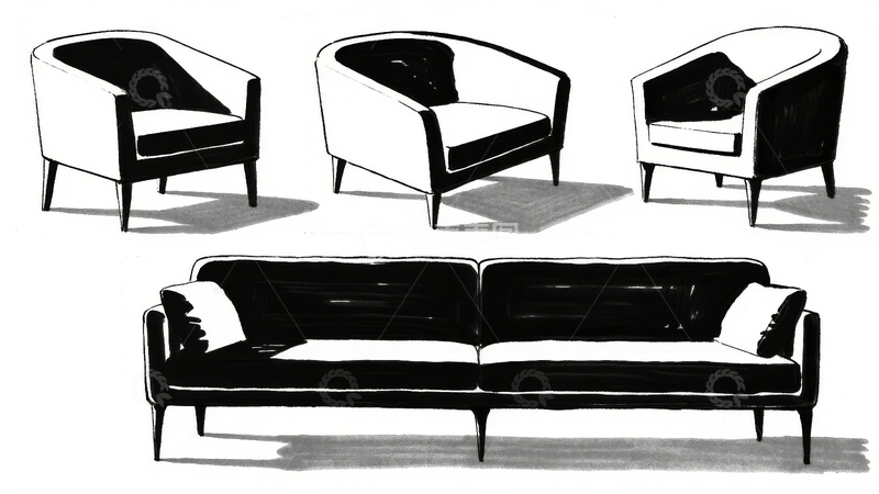 高清大图下载【趣麦麦图】三把扶手椅和一张沙发的黑白线条设计图