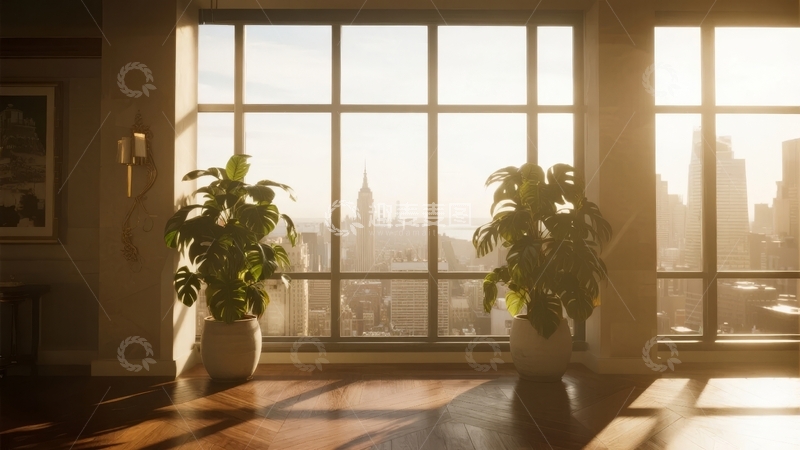 高清大图下载【趣麦麦图】室内窗边绿植与城市天际线日光景观