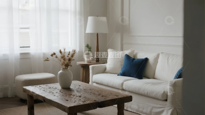 高清大图下载【趣麦麦图】明亮客厅内白色沙发搭配木质茶几和蓝色抱枕